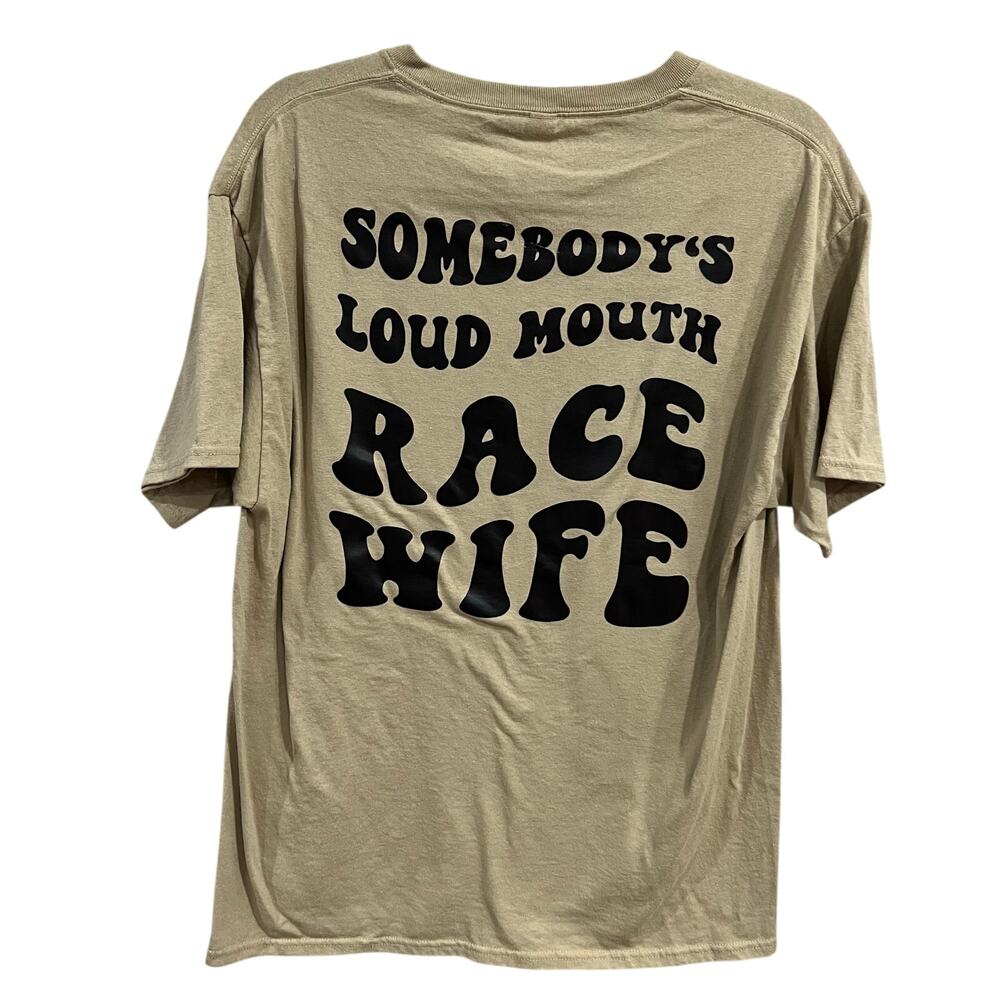 Women's Loud Mouth Race Wife Short Sleeve Tan Graphic Tee Large